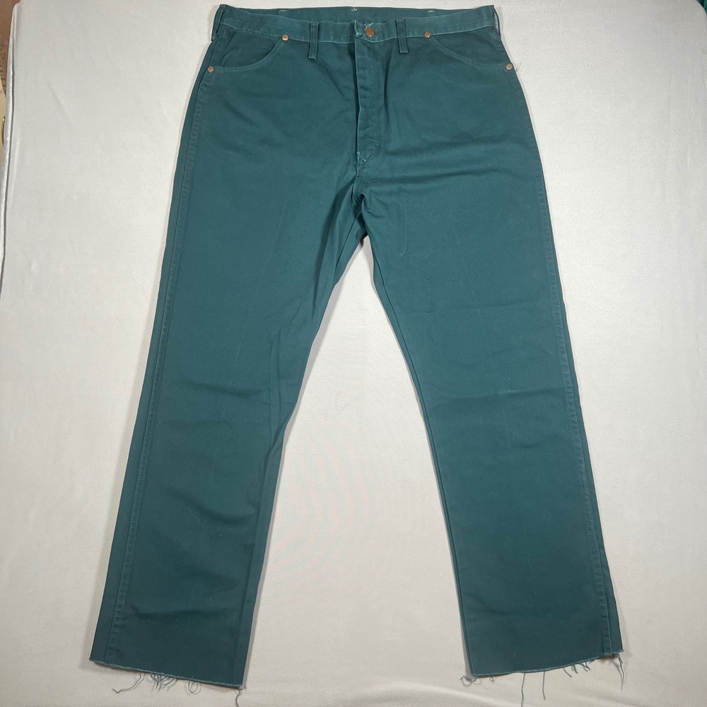 Wrangler Cowboy Cut Jeans Mens 38x34 Green Made in USA Raw Hem Vintage 13MWZNG